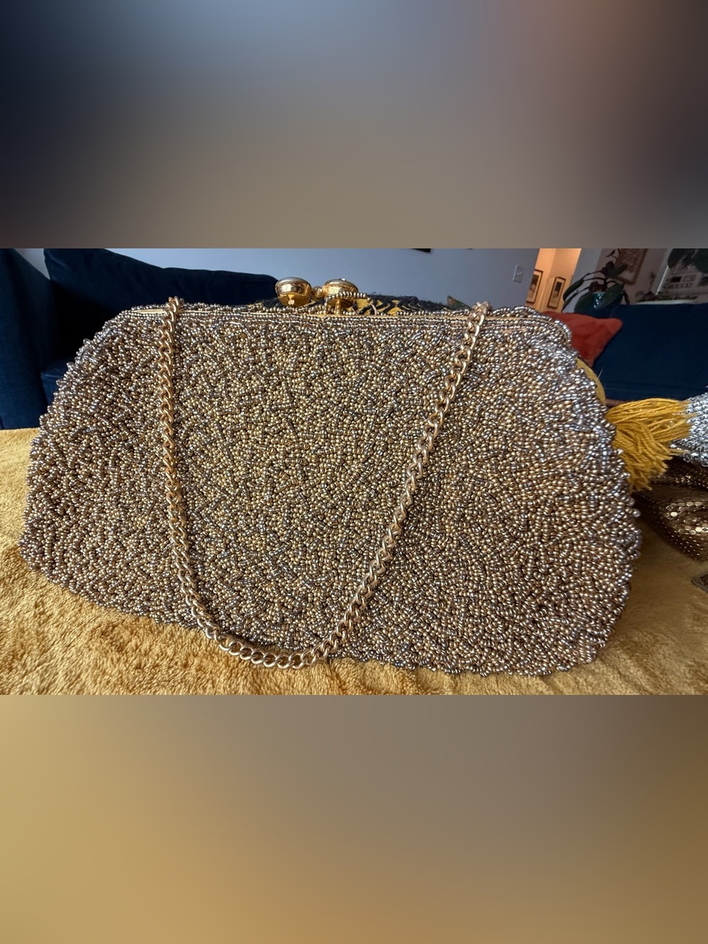 Vintage 50s Gold Bronze Glass Beaded Evening Bag | kiss Lock Clutch
